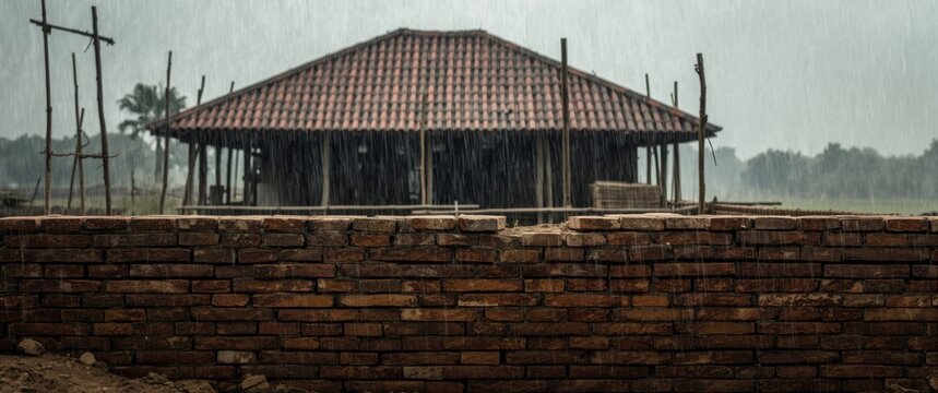 Detailed view of a construction site featuring a brick wall, terracotta roof, and bamboo scaffolding in light rain