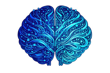 Futuristic blue digital brain representing ai, machine learning, and advanced technology. Transparent background
