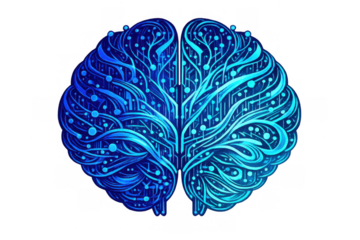 Futuristic blue digital brain representing ai, machine learning, and advanced technology. Transparent background