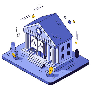 Isometric illustration of a blue library building with open book architecture. No editable stroke
