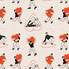 Naive Seamless Pattern with Diverse People Carrying Big Hearts for Self Love and Empathy Concept