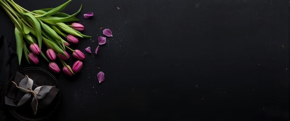 Creative black table setup featuring tulip bouquet for special occasions like Valentine's Day, Wedding Day, Birthday, Women's Day, and Mother's Day