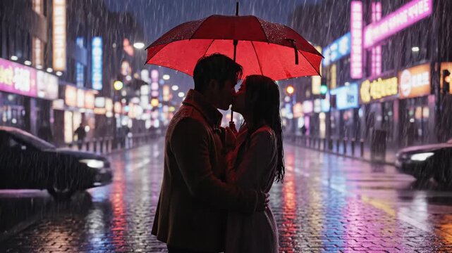 Romantic couple kissing under a red umbrella in the rain at night. Young lovers embracing on a wet city street with colorful neon lights. Valentine's Day concept