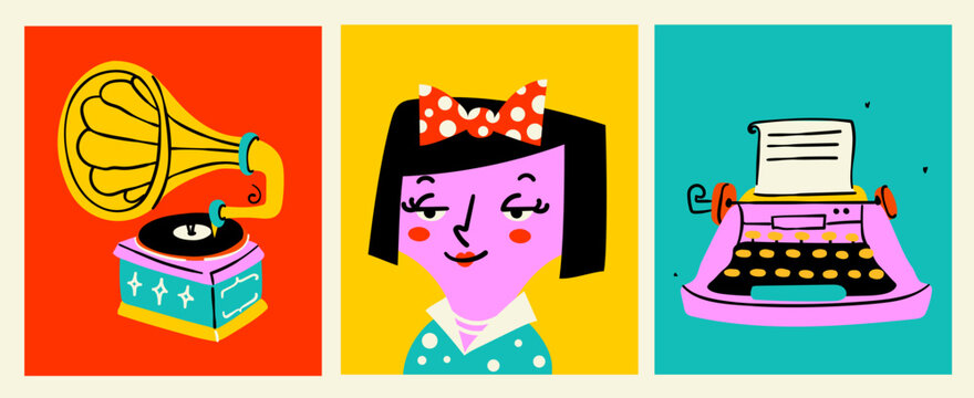 Retro character portraits and vintage objects set in naive modern style