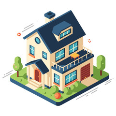Naklejka premium Colorful isometric suburban house illustration with garden and driveway