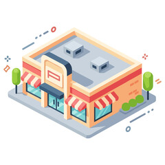 Fototapeta premium Isometric view of a modern retail store with glass windows and awnings