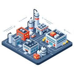 Obraz premium Isometric industrial complex with factories and infrastructure in urban setting
