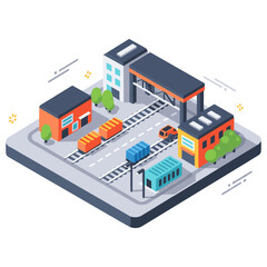 Isometric train station scene with buildings and train tracks