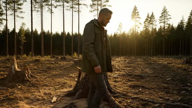 Man walks through deforested area with stumps at sunset. Person observes clearcut forest with pine trees. Man in deforested clearing examines stumps. Sunset illuminates clearcut forest area with man.