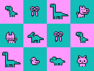 Retro Pixel Art Animal Set with Nostalgic Video Game Aesthetic