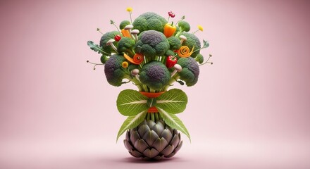 Bouquet of fresh vegetables, including broccoli, peppers, and mushrooms, with a lettuce leaf bow for healthy food concept and Valentine's Day.