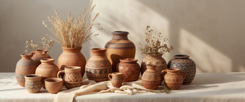 Examples of Ukrainian traditional clay pottery such as pots, jars, vases, cups, and bowls