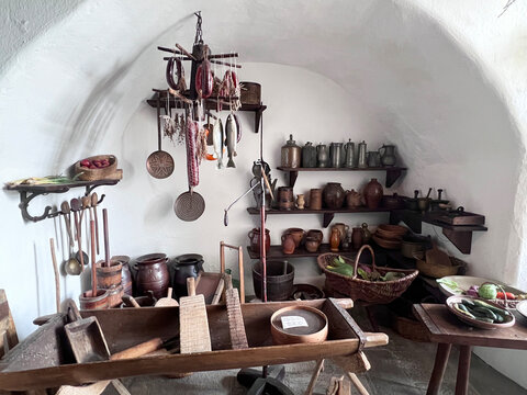 Medieval kitchen with kitchen utensils at Marksburg Castle, Braubach, Rhineland-Palatinate, Germany
