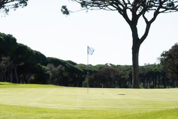 Obraz premium Beautiful View of Green Golf Field with Blue Sky.