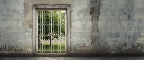 Background of white steel grating door locked, showcasing pattern, frame, vintage elements, tree, wall, white and green hues, security metal
