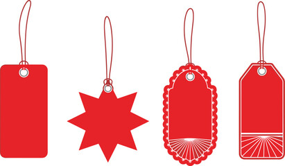 Red tag shape icon set, decorative label vector collection, hanging packaging graphics for gift wrap, product branding, and retail design