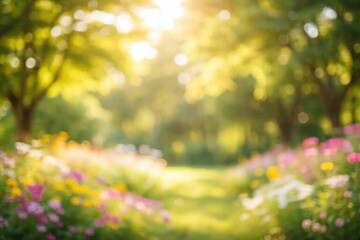 Fototapeta premium Summer outdoor garden scene with blurred green trees and abstract bokeh wallpaper design