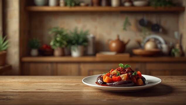 Catalan-style vegetable preparation featuring onions eggplant and red paprika, suitable for cultural cuisine backgrounds