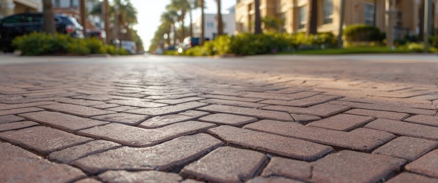 Street landscape in Destin Florida showcasing pavement with stone brick paving, including sidewalk, driveway, and pavers flooring with intricate patterns and textures