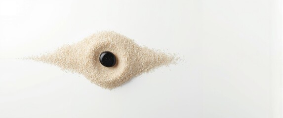 Beach scene with light sand and a black pebble on a white backdrop