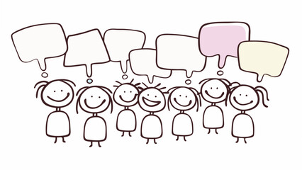a cheerful crowd of stick figures surrounded by blank speech bubbles