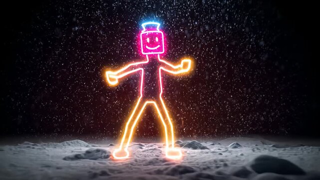 Neon Figure: Glowing Puppet in Light Art with Vibrant Colors and Futuristic Background