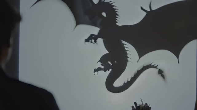 Shadow puppet performance showcases a dragon silhouette in motion, with wings spread wide, as the artist manipulates the figure against a bright backdr, hdr video with neutral color
