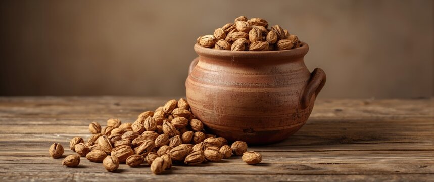 Container filled with dried and natural tiger nuts resting on a wooden table
