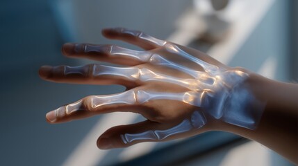 An x-ray of a hand displays clear bone structures, helping medical professionals in assessing fractures and injuries, highlighting the essential role of x-ray imaging in modern medicine and patient