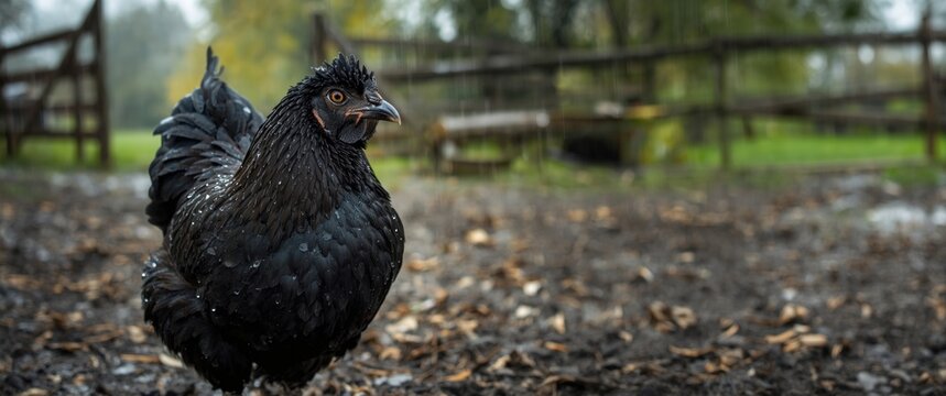 Detailed shot of an Australorp Chicken Hen with wet black feathers on dirt and wood chips post rainstorm on cloudy day