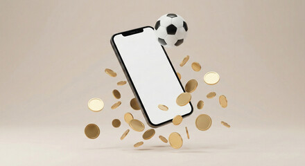 Smartphone with soccer ball and gold coins falling for financial success and sports betting concept