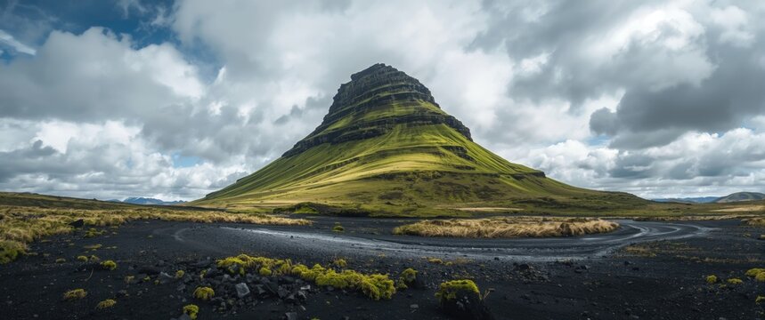 Landscape of Iceland with a prominent hill, moss, and striking clouds
