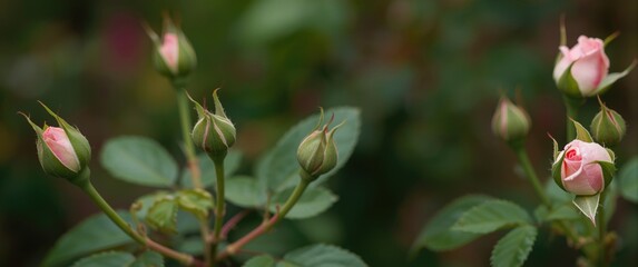 Obraz premium Fresh rosebuds on a rose bush in a park in spring or summer, illustrating flower cultivation and gardening concepts