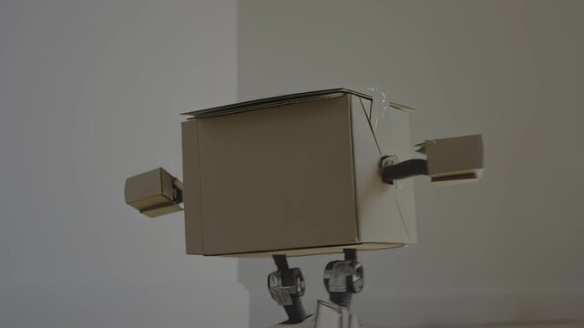 Box-shaped robot with movable arms progresses through a room, showcasing its mechanical features and design while interacting with the environment in a playful manner, hdr video with neutral color