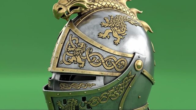 Ornate medieval knight's helmet with dragon and lion motifs, detailed metalwork, fantasy armor.