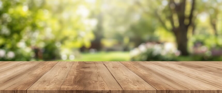 Wooden table empty on blurred backdrop for montage of your product or design, blank brown board with abstract bokeh