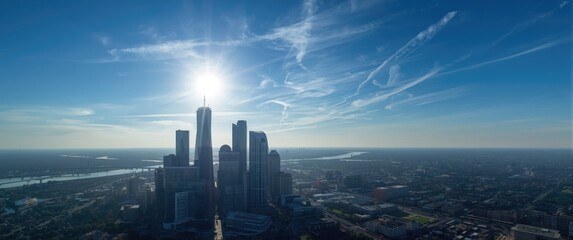Naklejka premium Houston Texas skyline bathed in morning sunlight seen from above with drone footage during a clear sunny morning