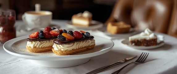 French eclairs with cream filling, chocolate glaze, and berries served on a platter