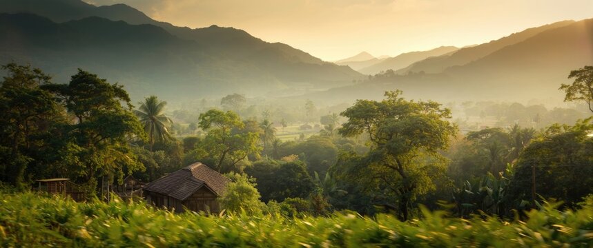 Landscape with soft focus of a farm and hut in Jom Thong district, Chiangmai, Thailand