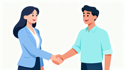 Fototapeta premium A woman shakes hands with a man. The man is smiling. The woman is wearing a blue jacket