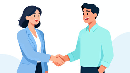 Fototapeta premium A man and a woman shaking hands. The man is wearing a blue shirt and the woman is wearing a blue jacket