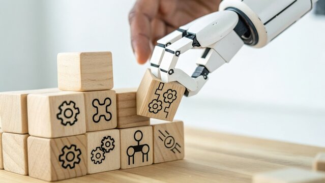 A robotic hand stacking wooden blocks featuring various gears and icons, symbolizing automation and technology in construction. - Powered by Adobe
