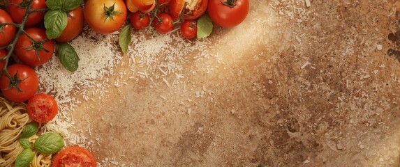 Top view of Italian cuisine ingredients including tomatoes, basil, pasta, and cheese on stone surface with space for text