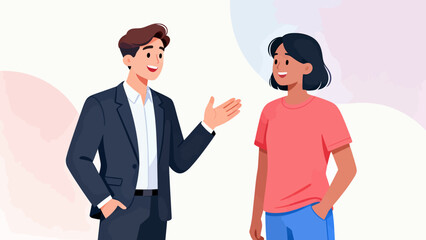 Fototapeta premium A man and a woman are talking to each other. The man is wearing a suit and the woman is wearing a pink shirt