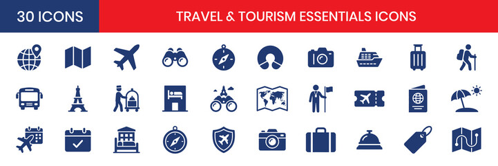 Travel Tourism Essentials Fill Color Icon Set