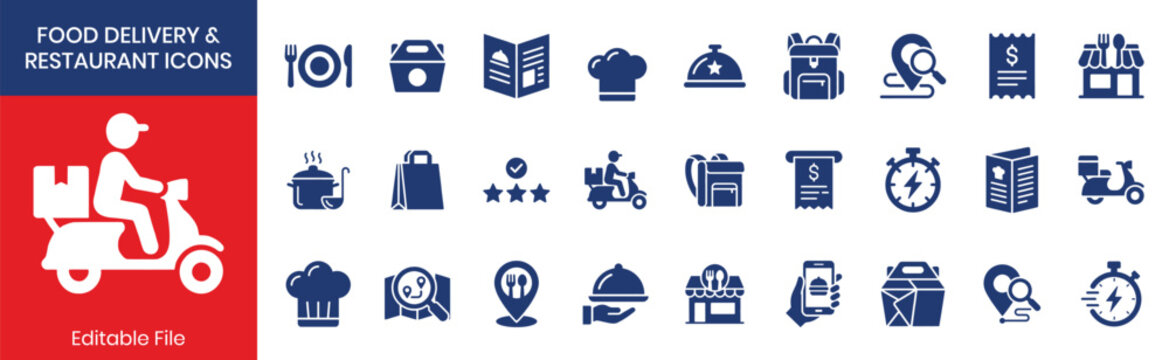Food Delivery Restaurant Fill Color Icon Set