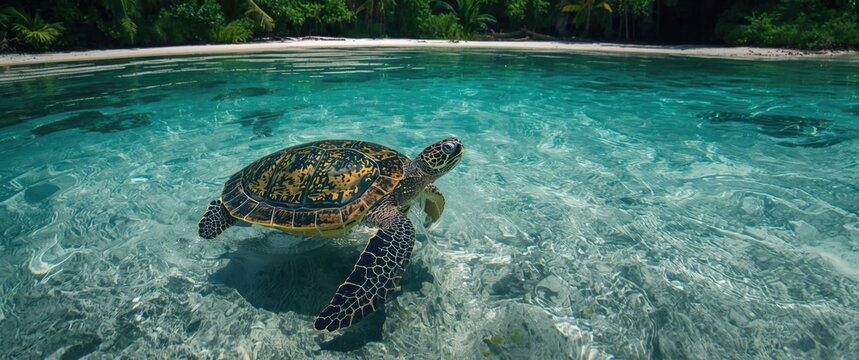 In a tropical park, a red turtle with a colorful green shell navigates smoothly through transparent water, blending seamlessly with nature's hues