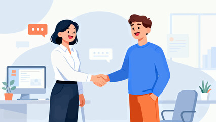 Fototapeta premium A man shakes hands with a woman in a business setting. The woman is smiling and the man is smiling back. The scene is set in an office with a computer monitor and a chair