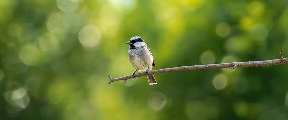 Obraz premium Perched on a branch, a white capped sparrow is set against vibrant green foliage