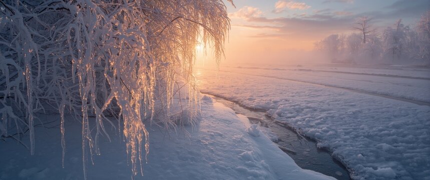 Frozen sunrise brightens the canaled greenery